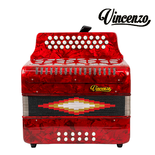 ACORDEON VICENZO 30 BOTONES, 12 BAJOS EN SOL COLOR VINO CON