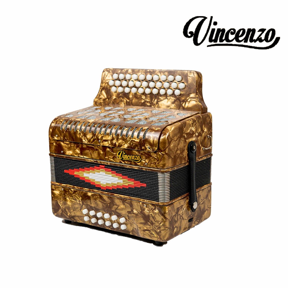 ACORDEON VICENZO 30 BOTONES, 12 BAJOS EN SOL COLOR CAFE CON