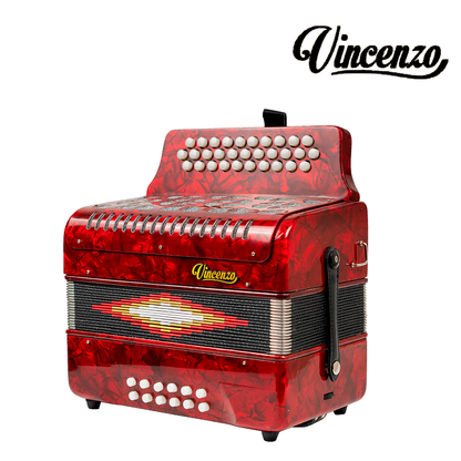 ACORDEON VICENZO 30 BOTONES, 12 BAJOS EN SOL COLOR VINO CON