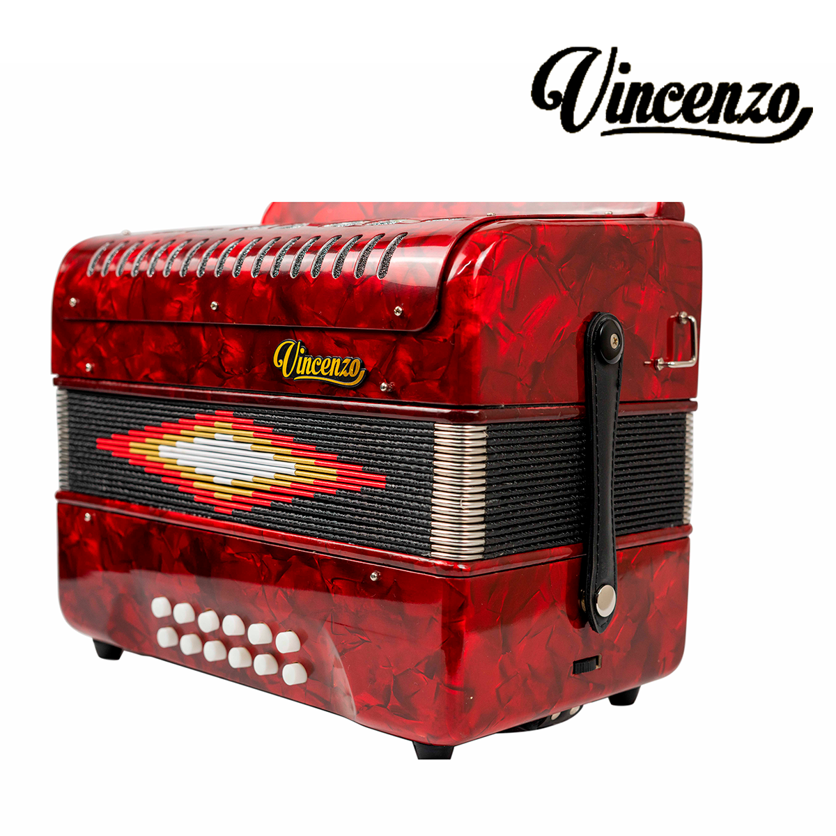 ACORDEON VICENZO 30 BOTONES, 12 BAJOS EN SOL COLOR VINO CON