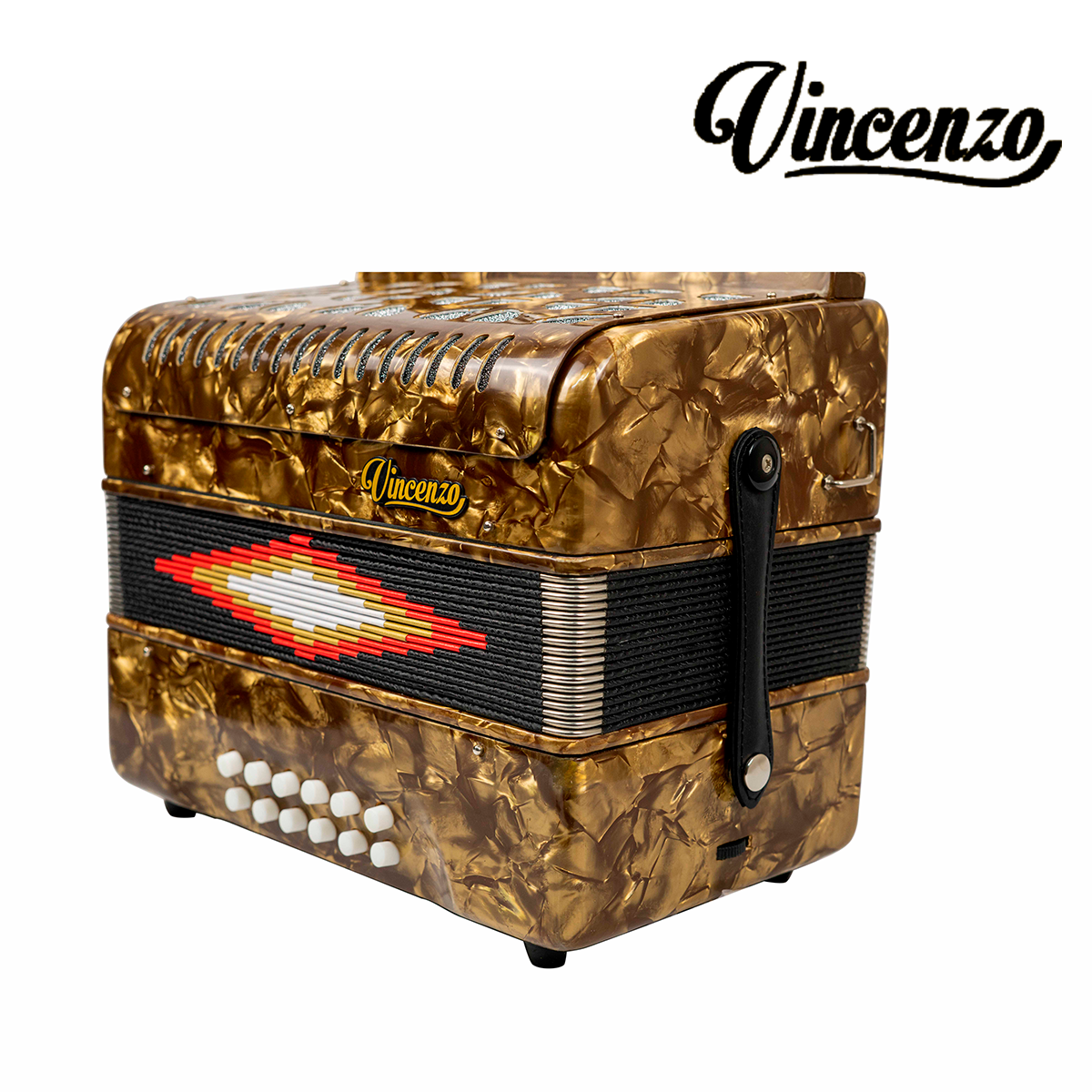 ACORDEON VICENZO 30 BOTONES, 12 BAJOS EN SOL COLOR CAFE CON